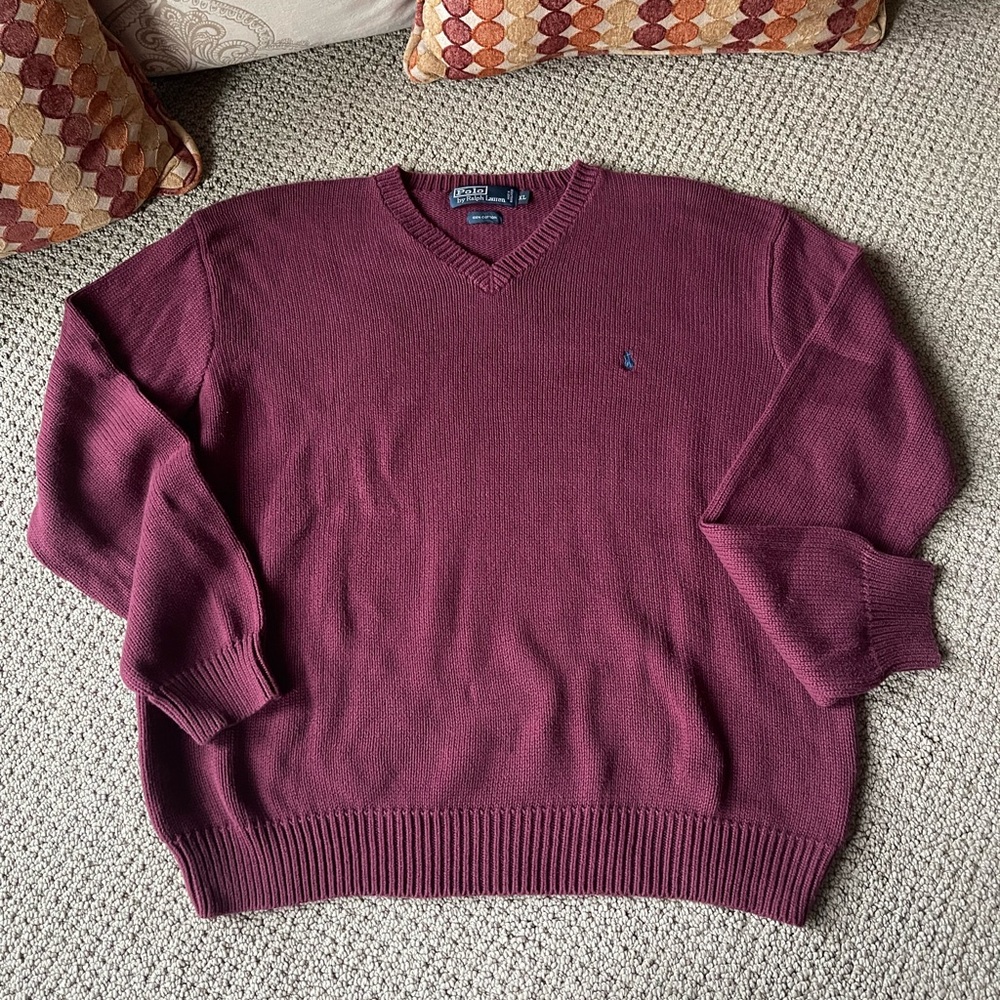 Polo by Ralph Lauren Men’s Cotton Vneck Sweater in Burgundy Navy Size XL